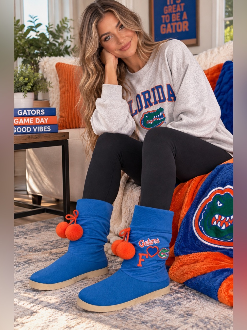 NCAA Florida Gators Collegiate Soft Knit Slipper Boots Comfort Pom Poms Large